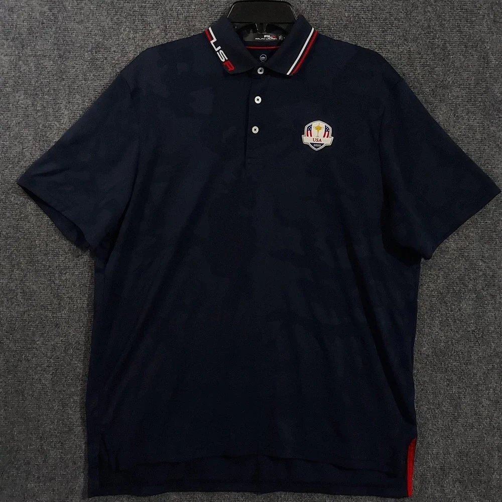 Ralph‎ Lauren RLX Polo Shirt Mens Medium Blue Camo USA Team 2020 Ryder Cup Golf